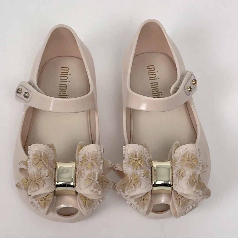Mini Melissa Ultragirl Sweet Beige & Gold Maryjane style baby girl shoes, 7.